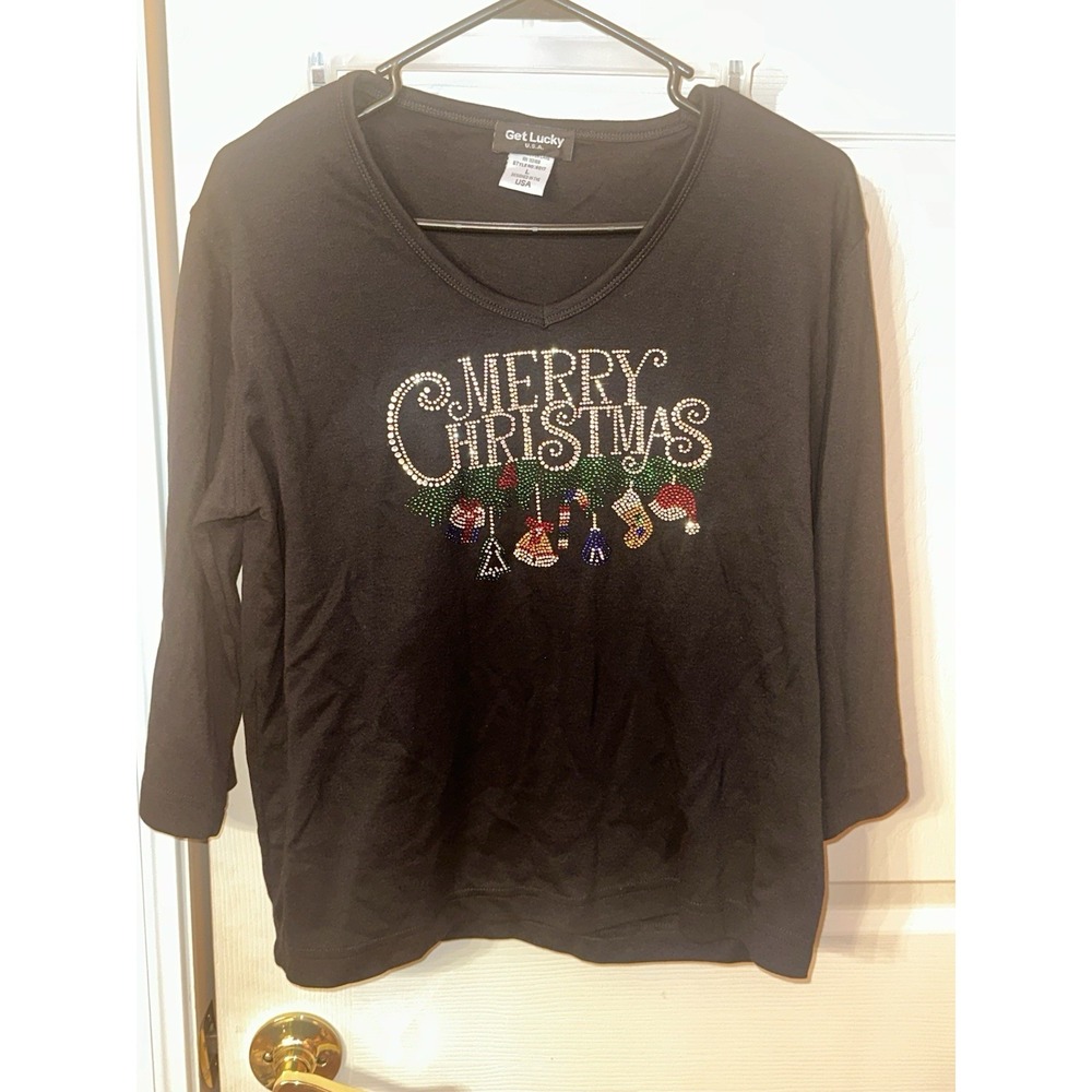 Get Lucky Women's Black Merry Christmas Long Sleeve Shirt Size Large